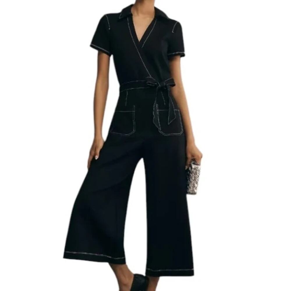 Maeve Wrapped Culotte Jumpsuit: Ponte Edition | Black | Size 6 | Anthropologie - Picture 15 of 16